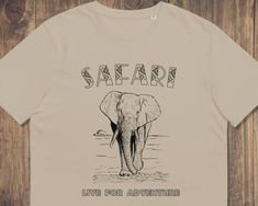 an elephant t - shirt with the words safari on it's front and back