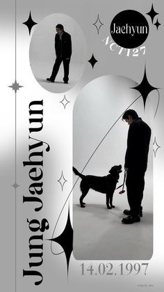 a man with a dog on a leash in front of an advertisement for a clothing store