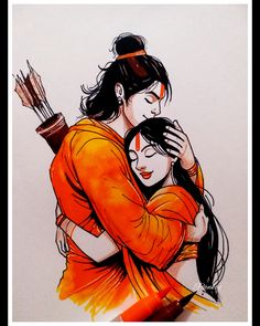 a drawing of two people hugging each other and one is wearing an orange outfit with her arms around the other's neck