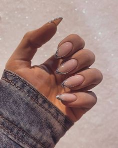 Glitter French Tips With Design, Boujee Almond Nails, Party Nails New Years Eve, Sparkly Almond Nails, Influencer Nails, Chic Almond Nails, Almond Acrylic Nails Designs, Bday Nails, Polygel Nail