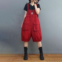 Comfortable, One of Kind. Overall Shorts online shop,|Street|Cotton|Solid Color|Half length|Pocket|Pullover|Loose|Female|Red|Dark Green|Black|One Size|Summer|Hand Wash Overalls And Hoodie, Alternative Japanese Fashion, Red Overalls Outfits, Quirky Summer Outfits, Amab Enby Fashion, Cute Female Outfits, Rompers Outfit, Jumpsuits Plus Size, 90s Overalls