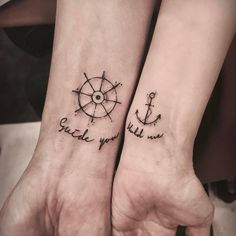 two people with matching tattoos on their arms, one is holding an anchor and the other has