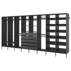 a black bookcase with shelves and drawers on each side, against a white background