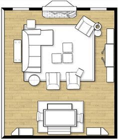 an overhead view of a living room and dining room with the floor plan drawn out