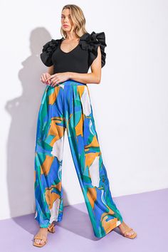 A printed woven pant featuring pleated front, wide leg and elasticized back waist band. Matching top IT13070Details:Self : 100% PolyesterSize & Fit- Model is 5`8" And Wearing Size Small- Measurements Taken From Size Small- Approx. Length: 43" Mythology Dress, Curvy Maxi Dress, Shein Summer, What To Wear Fall, 2024 Outfits, Fuchsia Dress, Resort Dresses, Flying Tomato, Jumpsuits And Romper