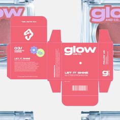 the packaging for glow cosmetics is shown in pink