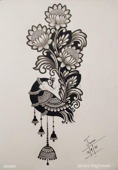 a drawing of a bird with bells and flowers on it's back side, in black and white