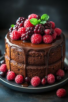 a chocolate cake with raspberries and chocolate frosting on a black platter