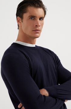 Single-ply manufacturing of the cashmere and silk yarn brings out the qualities of the natural fibers and provides lightness and comfort. The garment takes on a balanced weight which is very pleasant to wear. Crew-neck in rib knit Rib knit cuffs and bottom band Plain stitch Blue Fine Knit Merino Wool Sweater, Blue Merino Wool Fine Knit Sweater, Classic Navy Cashmere Sweater, Formal Cashmere Crew Neck Sweater, Formal Fine Knit Merino Wool Sweater, Elegant Blue Cashmere Sweater, Elegant Blue Merino Wool Sweater, Classic Navy Fine Knit Sweater, Elegant Blue Wool Sweater