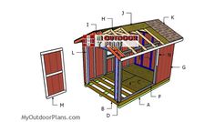 the plans for a small shed that is built into an outdoor living area with windows and doors