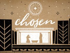 a christmas card with an image of two people and a baby in a crib