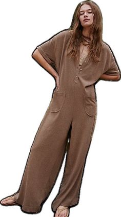 Casual V-neck Jumpsuit With Relaxed Fit, Relaxed Spring Jumpsuits And Rompers, Brown Loungewear Jumpsuits With Pockets, Fall Relaxed Fit Jumpsuits And Rompers, Fall Relaxed Fit Jumpsuits And Rompers In Solid Color, Comfortable Relaxed Fit Overalls, Relaxed Fit Jumpsuits For Spring Lounging, Relaxed Fit Overalls For Loungewear, Relaxed Fit Overalls Jumpsuit For Loungewear