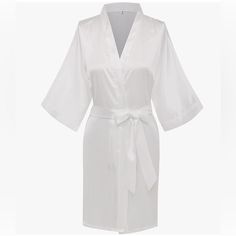 Short Satin Kimono Bathrobe * Color: White * Size: Small * Tie Closure * Soft Plush Polyester * Lightweight * Side Pocket * Belt Length: 66.9” * Knee Length * V-Neck Silk Bathrobe, Wedding Party Robes, Custom Robes, Kimono Robes, Silk Kimono Robe, Satin Kimono, Satin Short, Short Kimono, Womens Robes