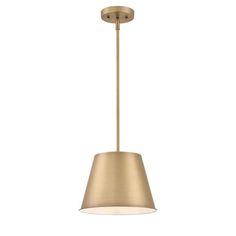 a brass colored pendant light hanging from the ceiling