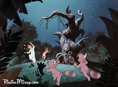 an animated scene from the little mermaid with pink pigs and other cartoon characters in front of a tree