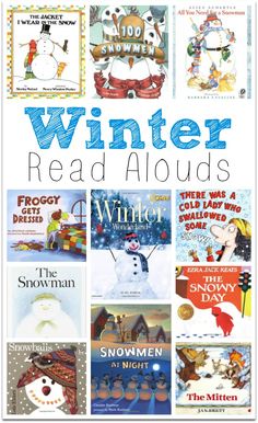 winter read alouds for kids with snowmen and other children's books in the background