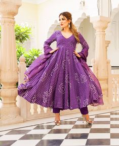 Kurta Pant Set Anarkali Style with Bandhej Modal - Violet - www.riafashions.com Kurta Pant Set, Palazzo Suit, Anarkali Kurta, Work Suits, Online Shopping India, Kurta With Pants, Silk Dupatta, Suit Set, Pant Set