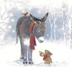 a painting of a donkey and a rabbit in the snow