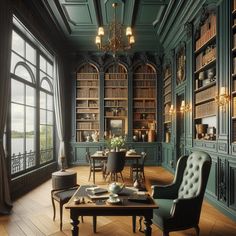 a living room filled with lots of furniture and bookshelves next to a window