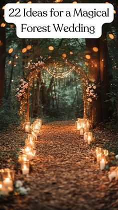 A forest wedding ceremony decor with a candle-lit path, fairy lights, and small flowers. Witchy Woods Wedding, Wedding Decorations Nature, Candle For Wedding Ceremony, Forrest Weddings Fairy, Weddings In Nature, Outdoor Fairy Wedding Ideas, Simple Wedding In The Woods, Enchanted Forest Themed Wedding, Enchanted Fall Wedding