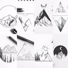 some mountains and trees are drawn in pencil on paper with marker pens next to them