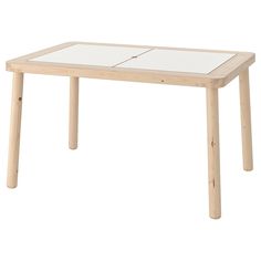 a wooden table with white glass top and two square sections on one side, in front of a white background