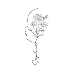 a black and white drawing of a woman's face with flowers in her hair