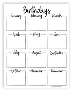 the printable calendar for birthdays is shown in black and white, with handwritten lettering