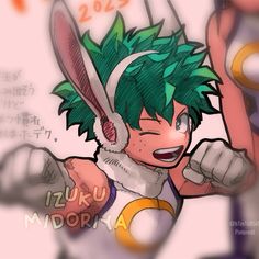 an anime character with green hair and bunny ears, holding up his arms in the air