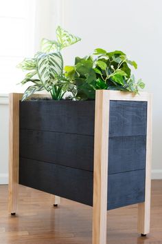 a wooden planter with plants in it on top of a hard wood floor next to a window