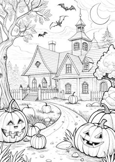 a halloween scene with pumpkins on the ground and a house in the background coloring page