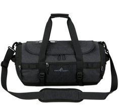 a black and grey duffel bag with straps on the bottom, one shoulder strap is attached