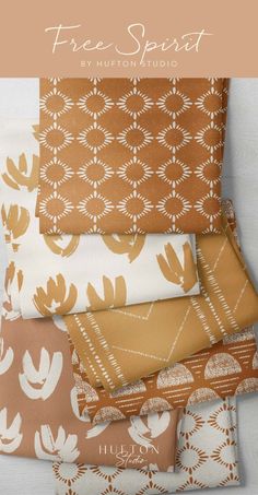 four different types of fabric with the words free spirit printed on them in gold and white