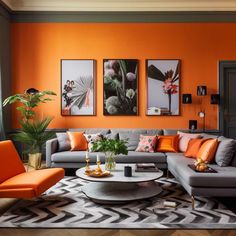 an orange and grey living room with modern furniture