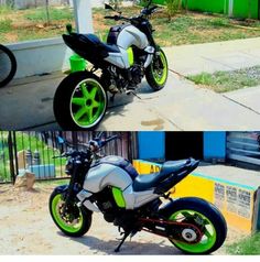 two pictures of a motorcycle with green wheels and rims