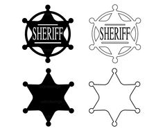 three sheriff badges with the word sheriff in black, white and blue on each one