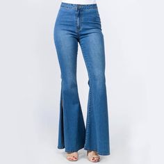 Nwt - High Rise Flare Jeans With Slits On The Side (Starting At The Knee Down To Hem Line) - Back Pockets - 97% Cotton 3% Spandex Small - 26” Waist - 32” Inseam * A Factory Flaw On The Front Side Of Jeans (Pictured) Large - 29” Waist - 32” Inseam Questions? Uptown Girl, High Waisted Flares, Curvy Jeans, Bell Bottom, High Waisted Denim, High Waisted Pants, Colored Jeans, Bell Bottoms, High Waist Jeans