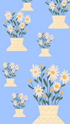 four flower pots with daisies and other flowers in them on a light blue background