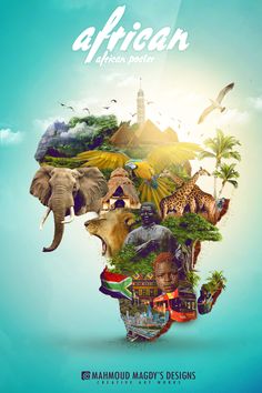 an african poster with the words africa written on it and images of animals, birds, and trees