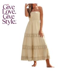 in stock Beige Beach Dresses With Smocked Bodice, Beige Beach Dress With Smocked Bodice, Beige Dresses With Smocked Bodice For Beach, Beige Vacation Dress With Smocked Back, Cream Dresses With Smocked Bodice For Vacation, Cream Dress With Smocked Bodice For Vacation, Bohemian Beige Maxi Dress With Smocked Back, Chic Beige Sundress With Smocked Bodice, Bohemian Beige Strapless Dress