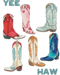 YEE HAW Colorful Cowboy Boots Art Print is of a my hand drawn, watercolor painting It features 6 cowgirl/cowboy boots in vibrant colors and the words "YEE HAW" in a dusty blue, bold western font. It is printed on archival card with Inkjet inks to ensure HD printing! Prints have a matte finish and are quickly shipped in both a plastic protective sleeve and a rigid mailer to ensure its safety during shipping. Each print is made to order- printed, cut, and packaged by hand in my home. Sizes: 5x7, 8 Cowgirl Watercolor, Colorful Cowboy Boots, Cowgirl Boots Aesthetic, Cowboy Boots Art, Western Drawings, Boots Art, Small Images, Western Font, Cowboy Aesthetic