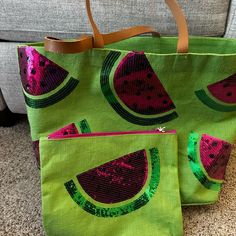 Watermelon Printed Bag With Matching Small Bag, Brand New, Never Used Cute Pouch Bags For Summer, Summer Vacation Bag With Zipper Pouch, Casual Summer Bags With Zipper Pouch, Summer Vacation Bags With Zipper Pouch, Cute Summer Pouch Bag, Cute Green Bags For Shopping, Green Zipper Pouch Bag For Summer, Fun Summer Shoulder Bag For Shopping, Green Summer Beach Bag With Removable Pouch