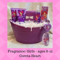 Coreta personal care collections available in 3 scents, for girls ages 8-12, in a GoFamBag or gift basket(add $10). All items are subject to availability, except fragrances which can be purchased any time. Contact me to see what is available. Collections are varied and choices may include various combinations of shampoo, body wash, body lotion, hair detangler, socks and coordinating cross-body bag. $52-$85