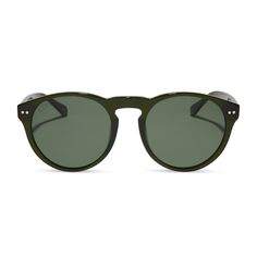 diff eyewear featuring the cody xl round sunglasses with a dark olive crystal frame and g15 polarized lenses front view Casual Round Polarized Sunglasses, Casual Round Sunglasses For Outdoors, Casual Round Sunglasses With Mirrored Lenses, Casual Round Sunglasses With Uv Protection, Classic Green Sunglasses For Beach, Green Tinted Sunglasses For Everyday, Green Tinted Everyday Sunglasses, Everyday Green Tinted Sunglasses, Green Sunglasses With Gradient Lenses And Round Frame