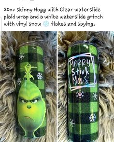 the grin face canister has been decorated with green flannes and snowflakes