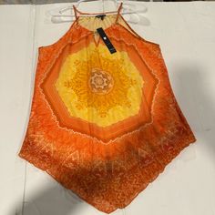 Unique Spectrum. Handkerchief Top Size Large Peephole Neckline With Metallic Detail Lined 100% Polyester New With Tag Reasonable Offers Are Welcome Yellow Summer Tops With Vibrant Print, Yellow Summer Top With Vibrant Print, Mustard Beach Blouse For Summer, Mustard Summer Beach Blouse, Handkerchief Top, Tropical Island, Tropical Islands, Orange Yellow, Color Orange