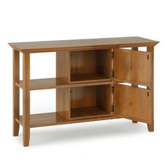 a wooden shelf with two open compartments