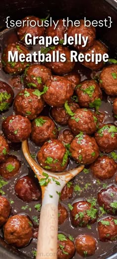 a ladle scooping some meatballs out of the crock pot with text overlay