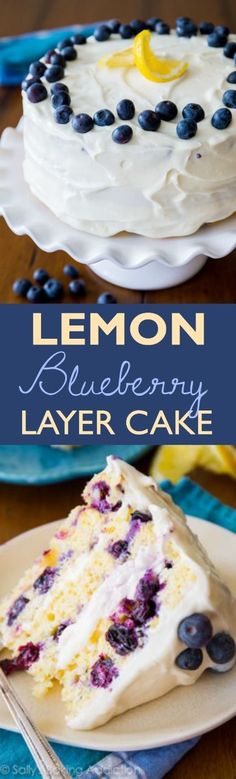 lemon blueberry layer cake on a white plate