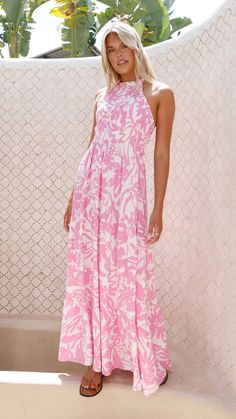 DETAILS- Maxi length- Halter neck with adjustable tie straps - Shirred bodice- Tiered detailing on skirt - Relaxed flowy fit- 100% Rayon Get the look Nikola Sandal- SandMODELMEASUREMENTS Mini Dress Formal, Pink Maxi Dress, Get The Look, Halter Neck, Ariel, Pink Floral, Sweater Top, Bodice, Bridesmaid Dresses